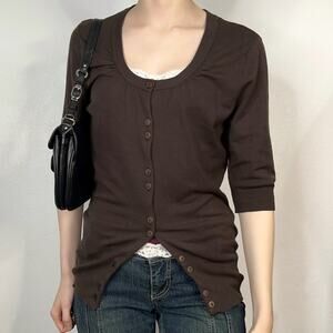 Y2K 00s Silk Blend Deadstock Brown Cardigan Sweater Half Sleeve